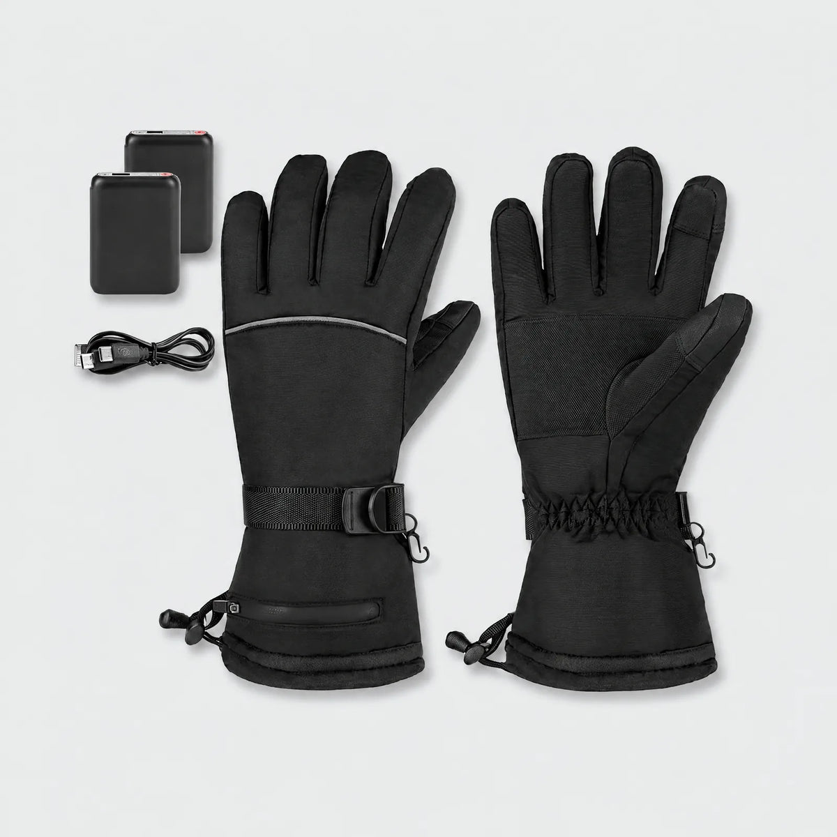 Alpenwarm beheizte Winterhandschuhe in Schwarz mit zwei Powerbanks und USB-Ladekabel