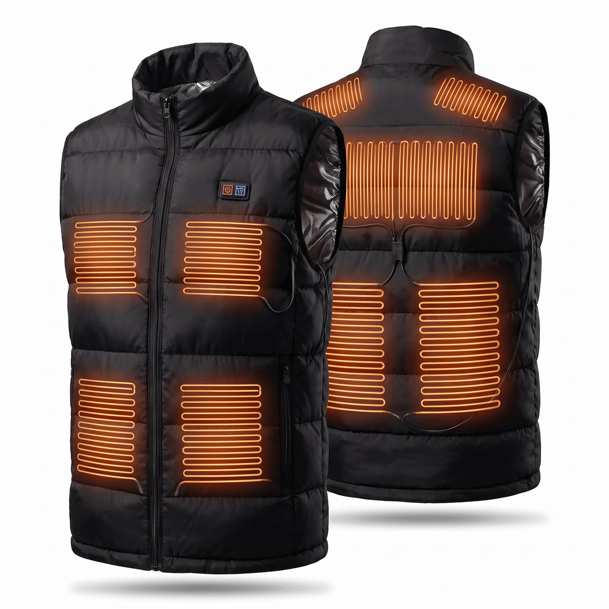 Alpenwarm HeatVest Pro in Schwarz von vorn und hinten, die neun Heizzonen sind eingezeichnet