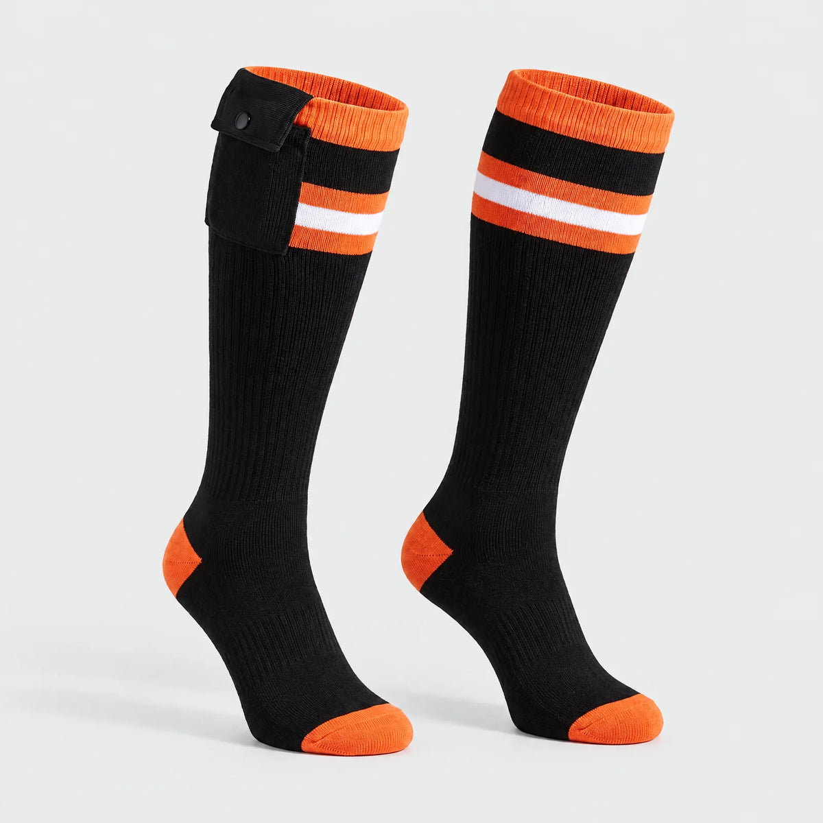 Alpenwarm beheizte Kniestrümpfe in Schwarz-Orange mit gestreiftem Bund