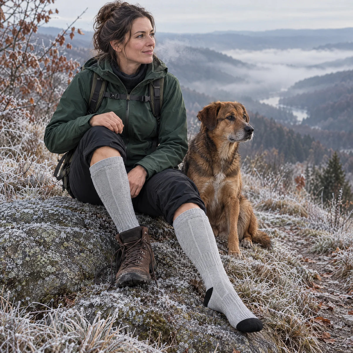 Wanderin mit Hund macht in den beheizten Kniestrümpfen Pause auf einem frostigen Fels