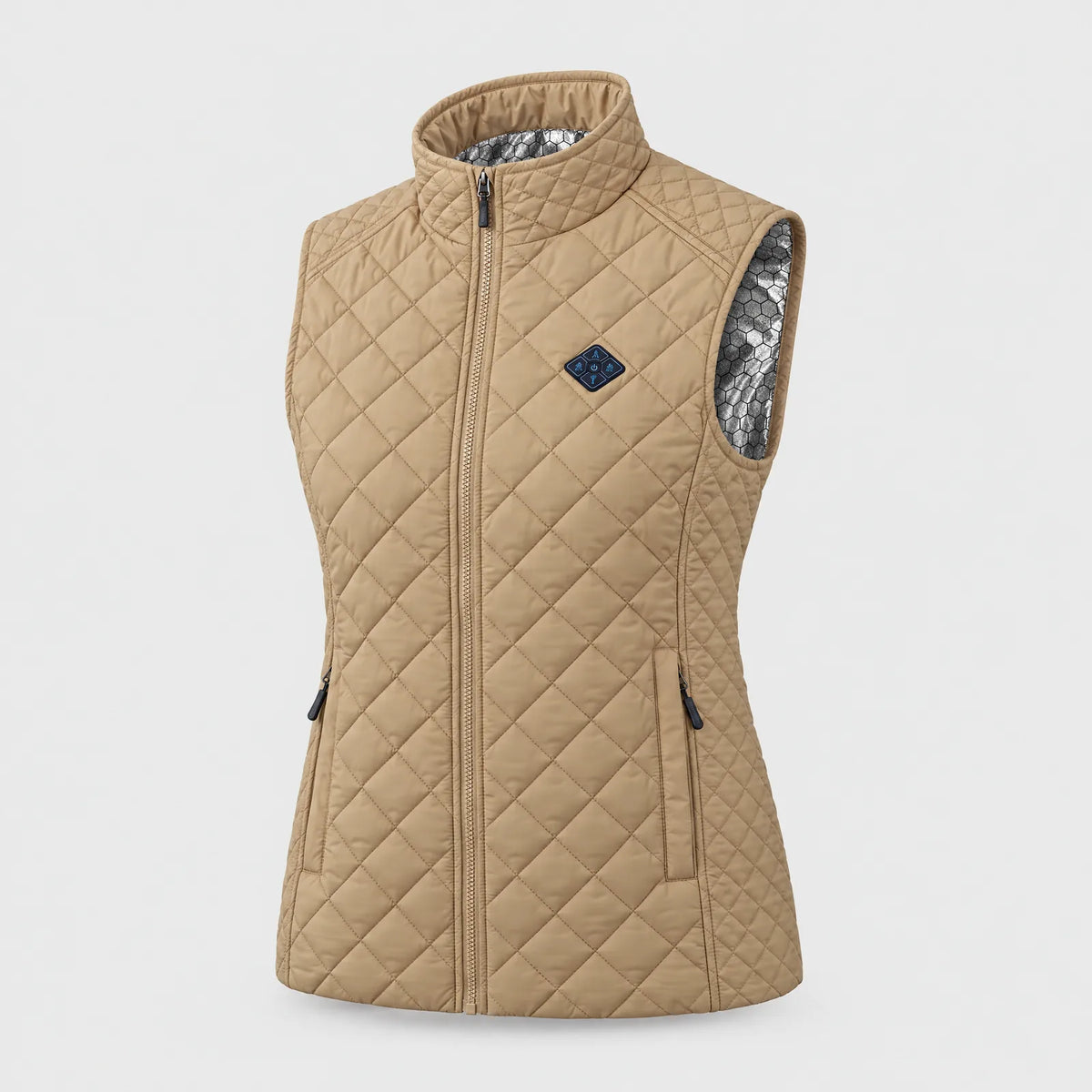 Beheizte Damen-Steppweste in Beige mit Silberfutter im Kragen