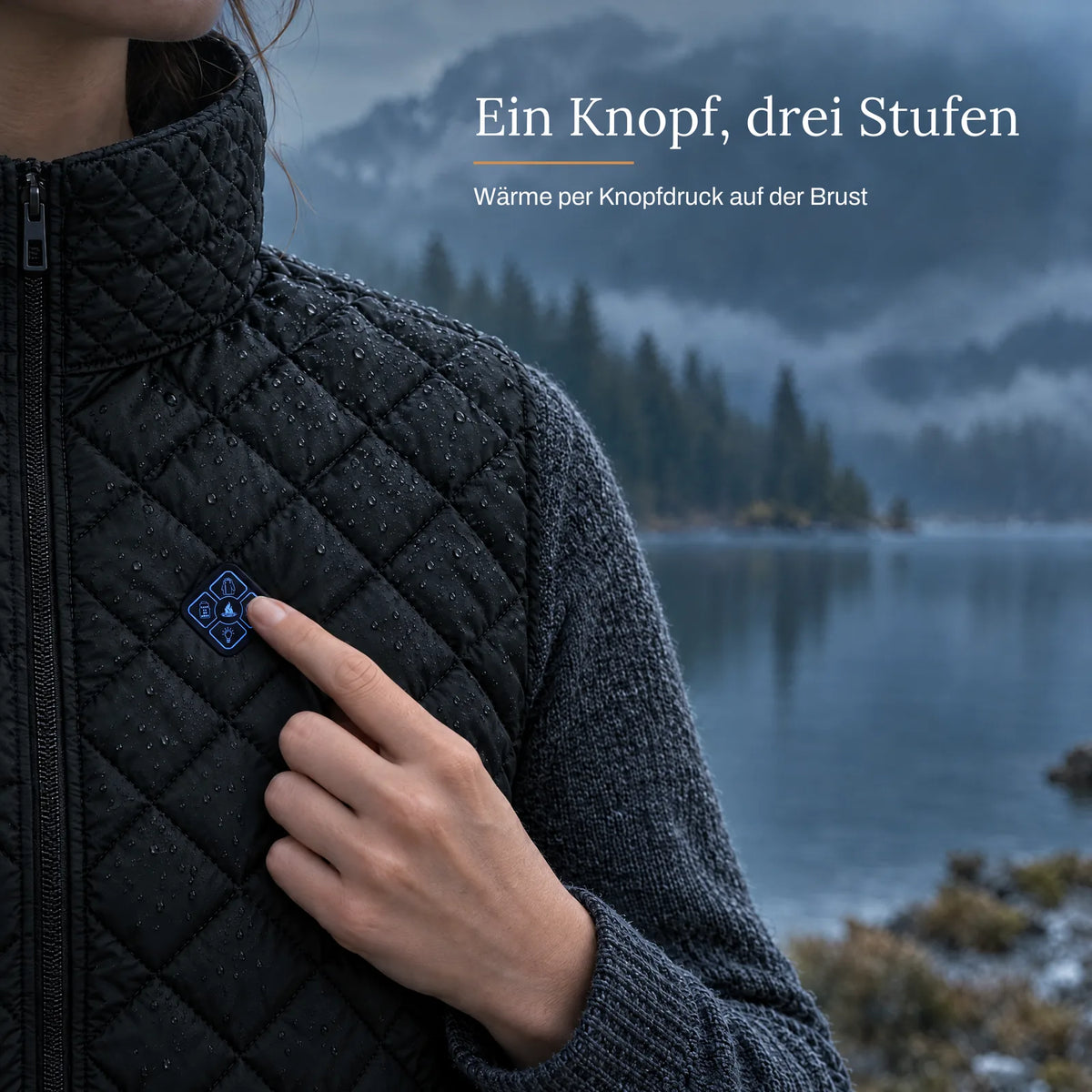 Knopf auf der Brust: drei Wärmestufen der beheizten Damenweste