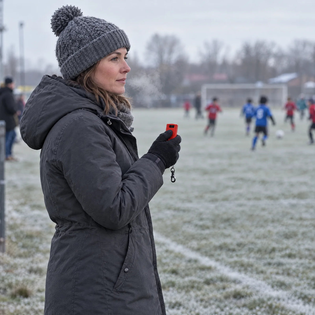 Frau stellt am frostigen Spielfeldrand ihre beheizten Einlegesohlen per Fernbedienung wärmer
