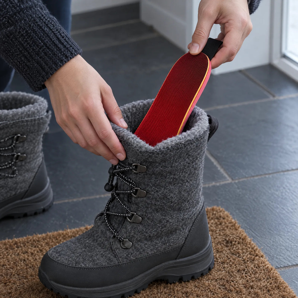 Beheizte Einlegesohle wird in einen gefütterten Winterstiefel geschoben