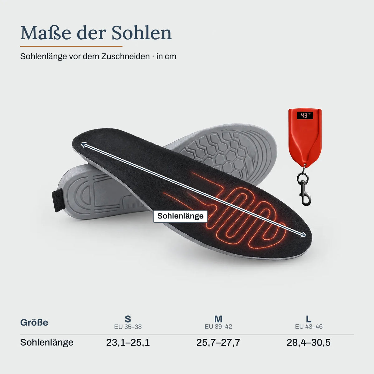 Maße der Sohlen – Beheizte Einlegesohlen mit Fernbedienung