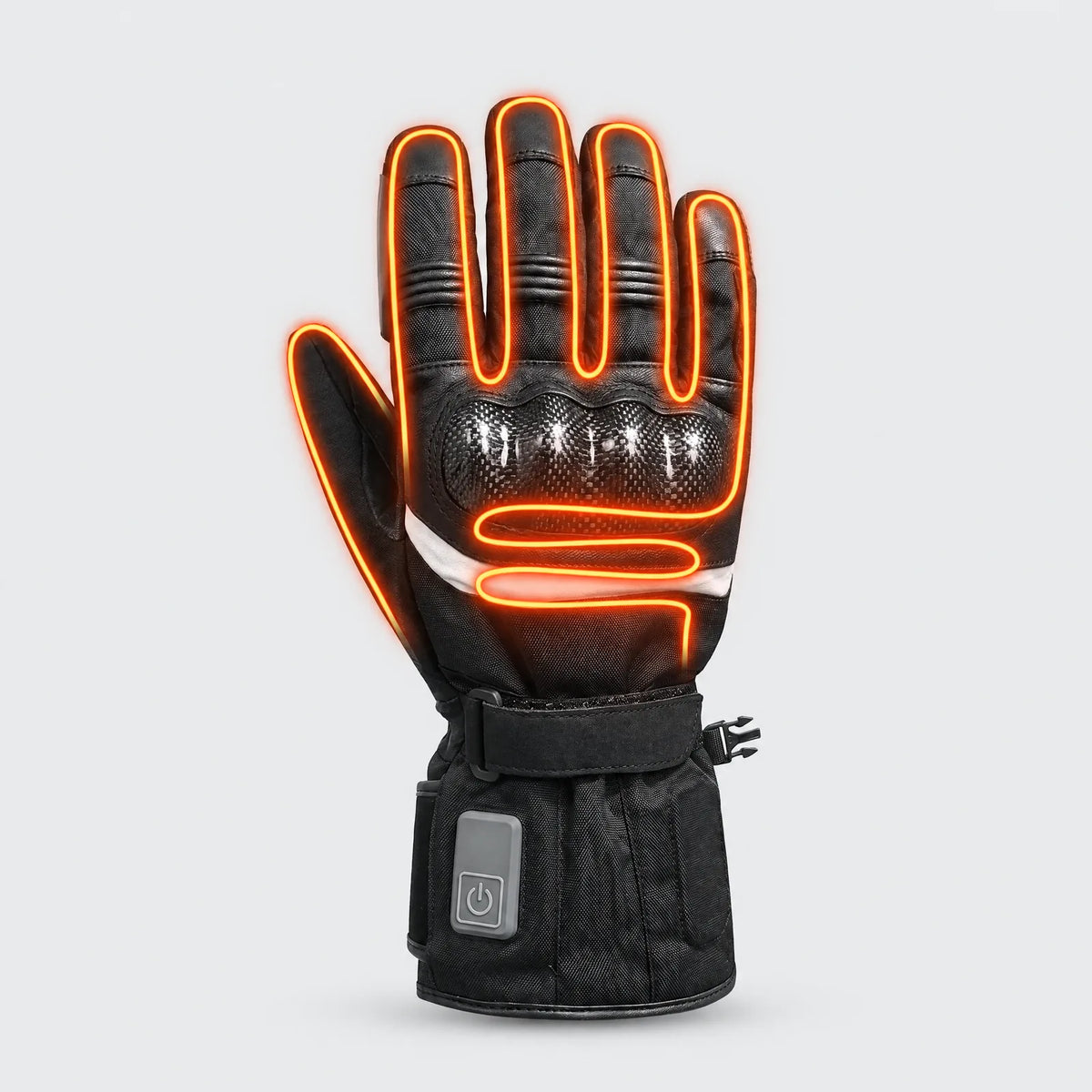 Heizdrähte der beheizten Motorradhandschuhe über Handrücken und alle fünf Finger