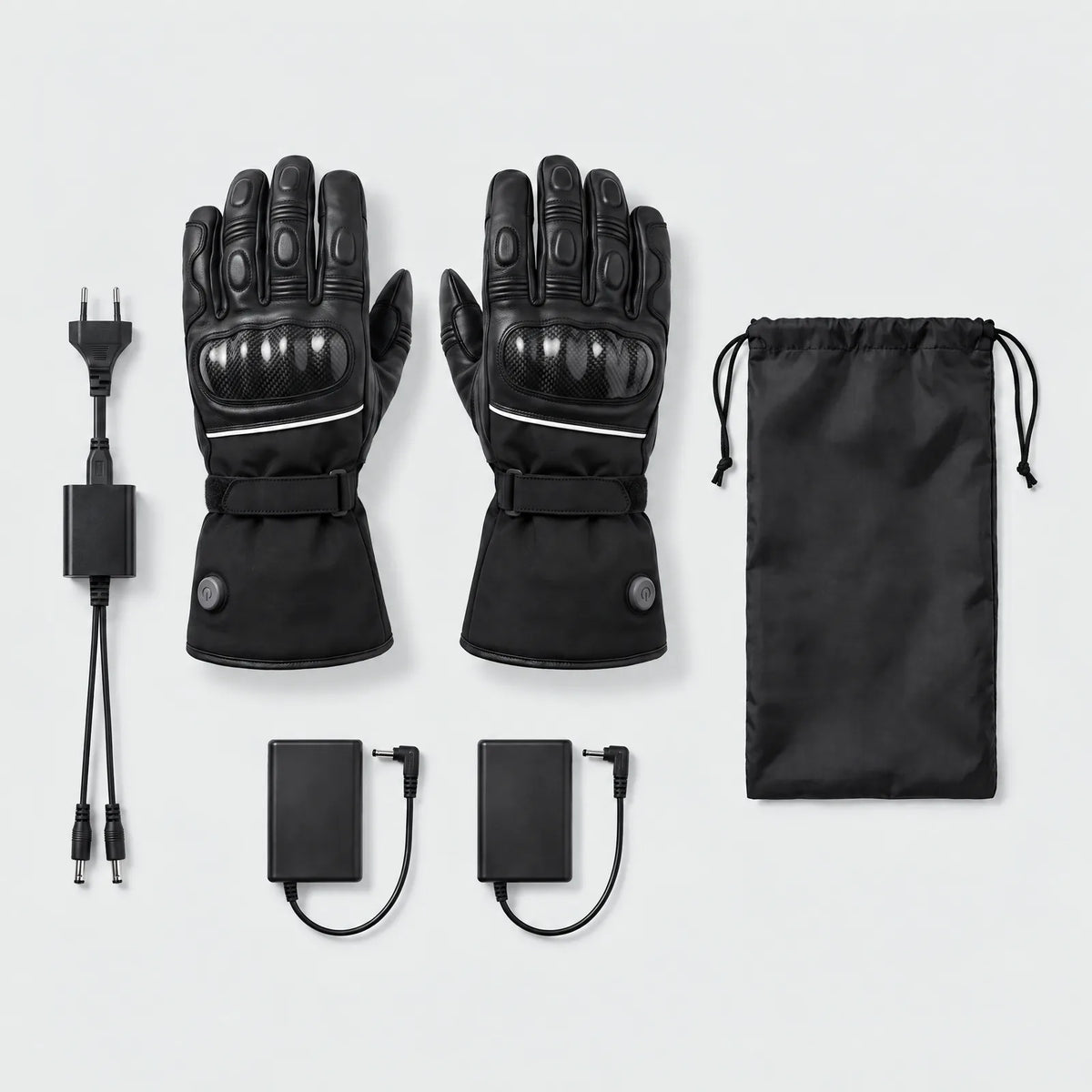 Lieferumfang: beheizte Motorradhandschuhe, zwei Akkus, Ladegerät und Beutel