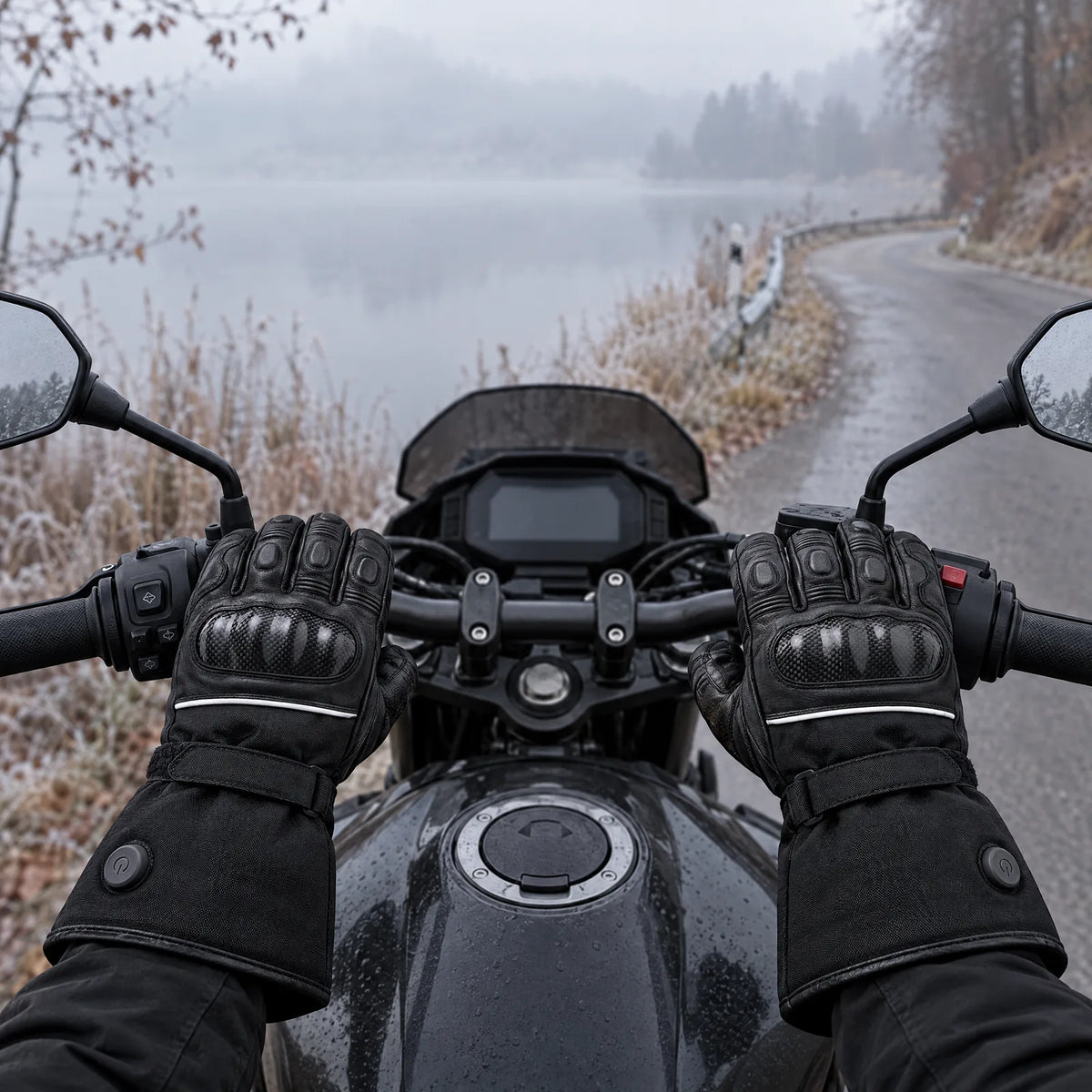 Hände in den beheizten Motorradhandschuhen am Lenker, Seestraße im Herbstnebel