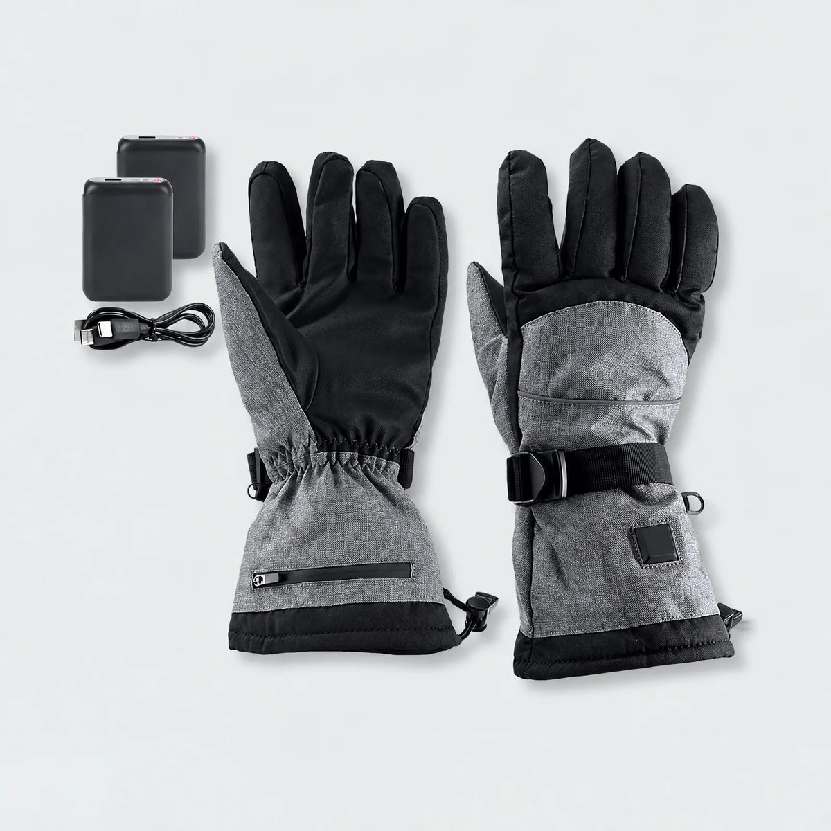 Alpenwarm beheizte Winterhandschuhe in Grau mit zwei Powerbanks und USB-Ladekabel
