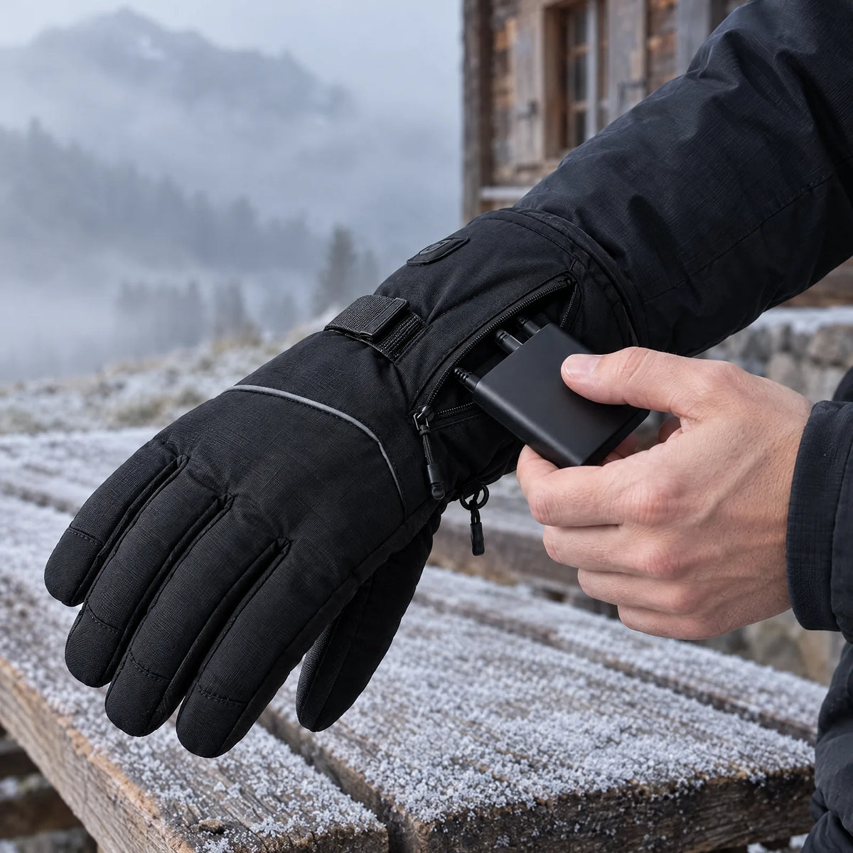Powerbank wird in die Reißverschlusstasche am Bund der beheizten Winterhandschuhe gesteckt