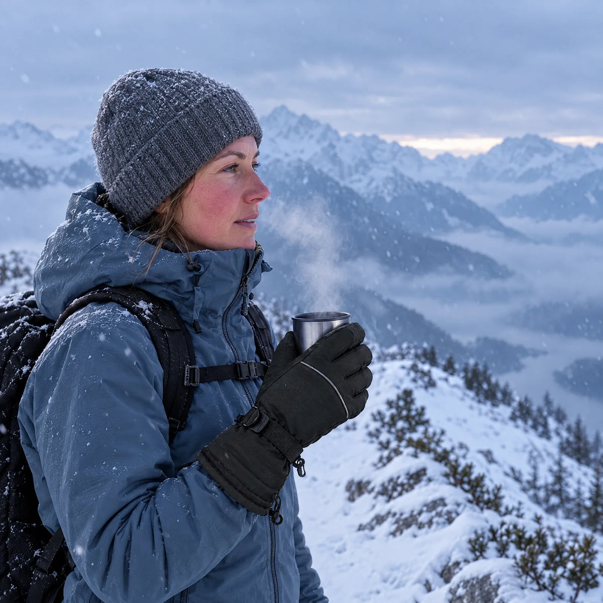 Frau mit den beheizten Winterhandschuhen und Thermobecher auf einer winterlichen Gratwanderung