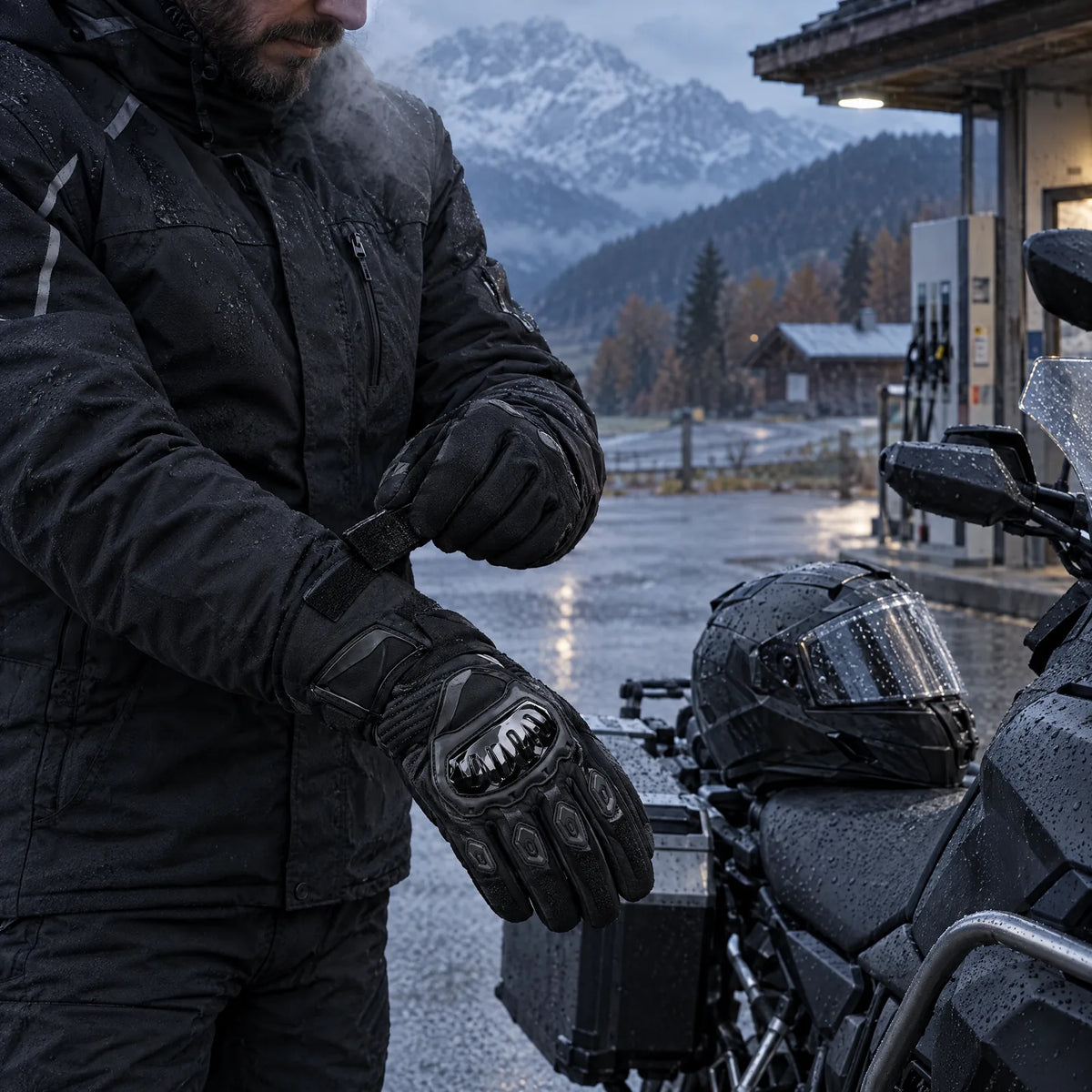 Motorradfahrer zieht an der Tankstelle die Stulpe über den Ärmel