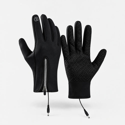 Alpenwarm beheizte Touch-Handschuhe als Paar: Rückseite mit Reißverschluss und Handfläche mit Silikon-Griff
