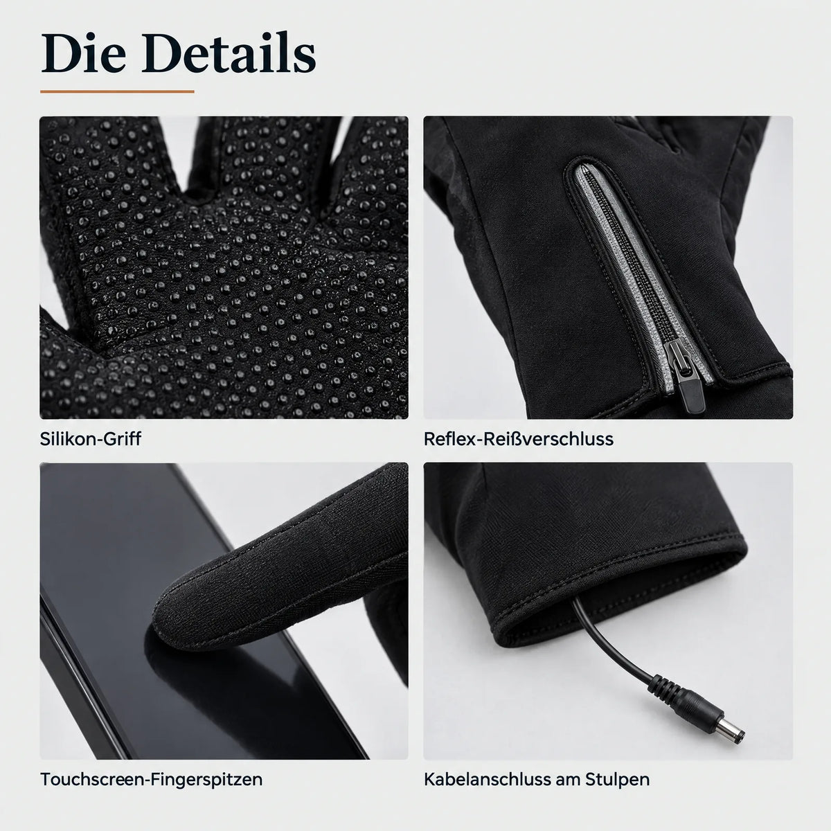 Die Details: Silikon-Griff, Reflex-Reißverschluss, Touchscreen-Fingerspitzen und Kabelanschluss am Stulpen