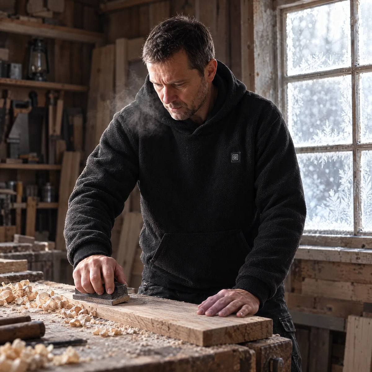 Mann im schwarzen beheizten Hoodie schleift Holz in der kalten Werkstatt