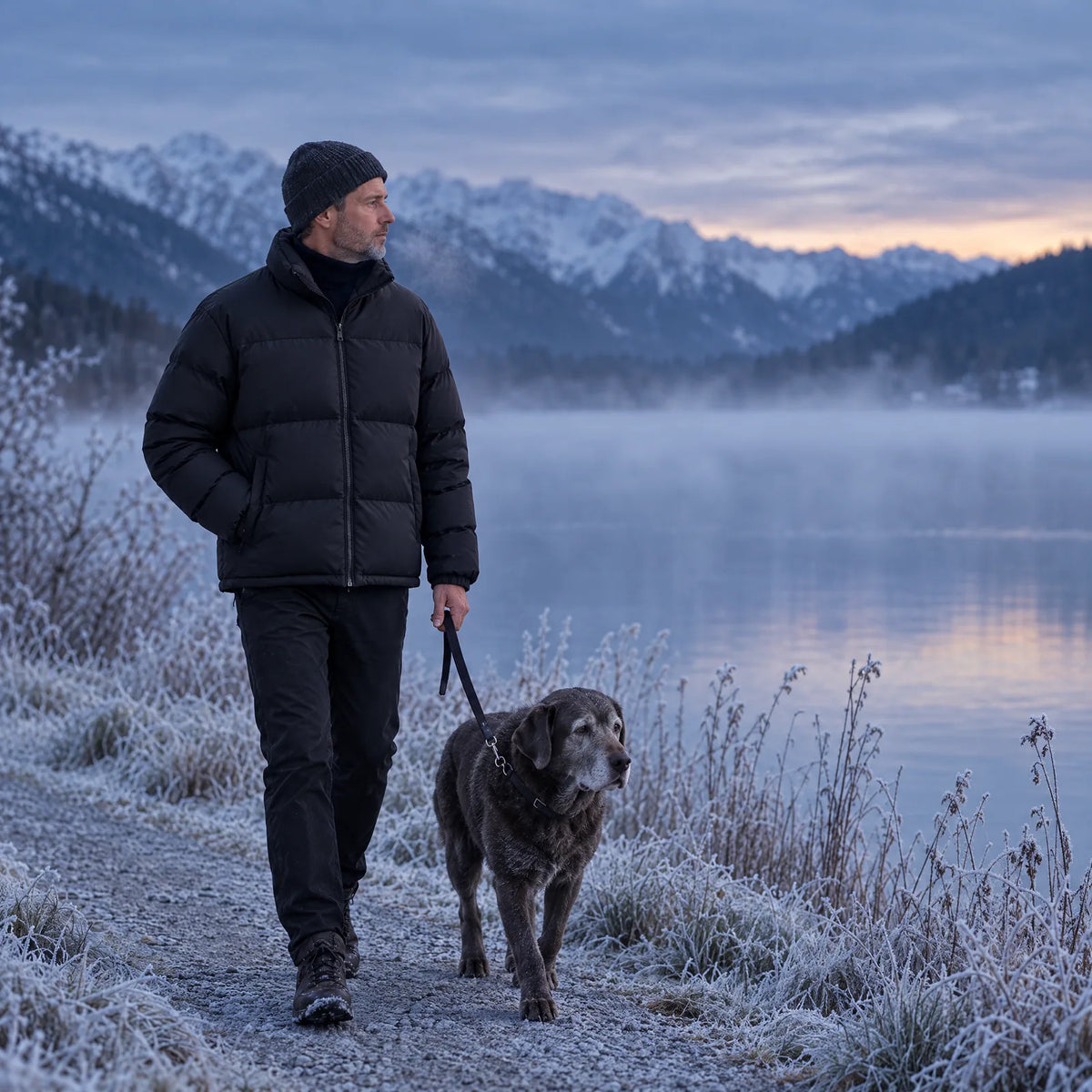 Mann in der schwarzen beheizten Steppjacke mit seinem Hund am bereiften Seeufer