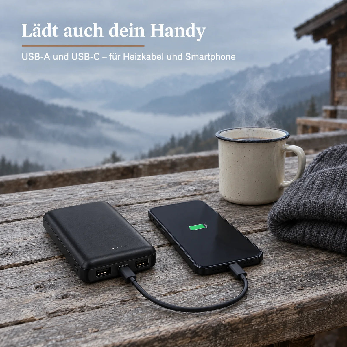 Die Powerbank lädt ein Handy auf einem Hüttentisch, USB-A und USB-C