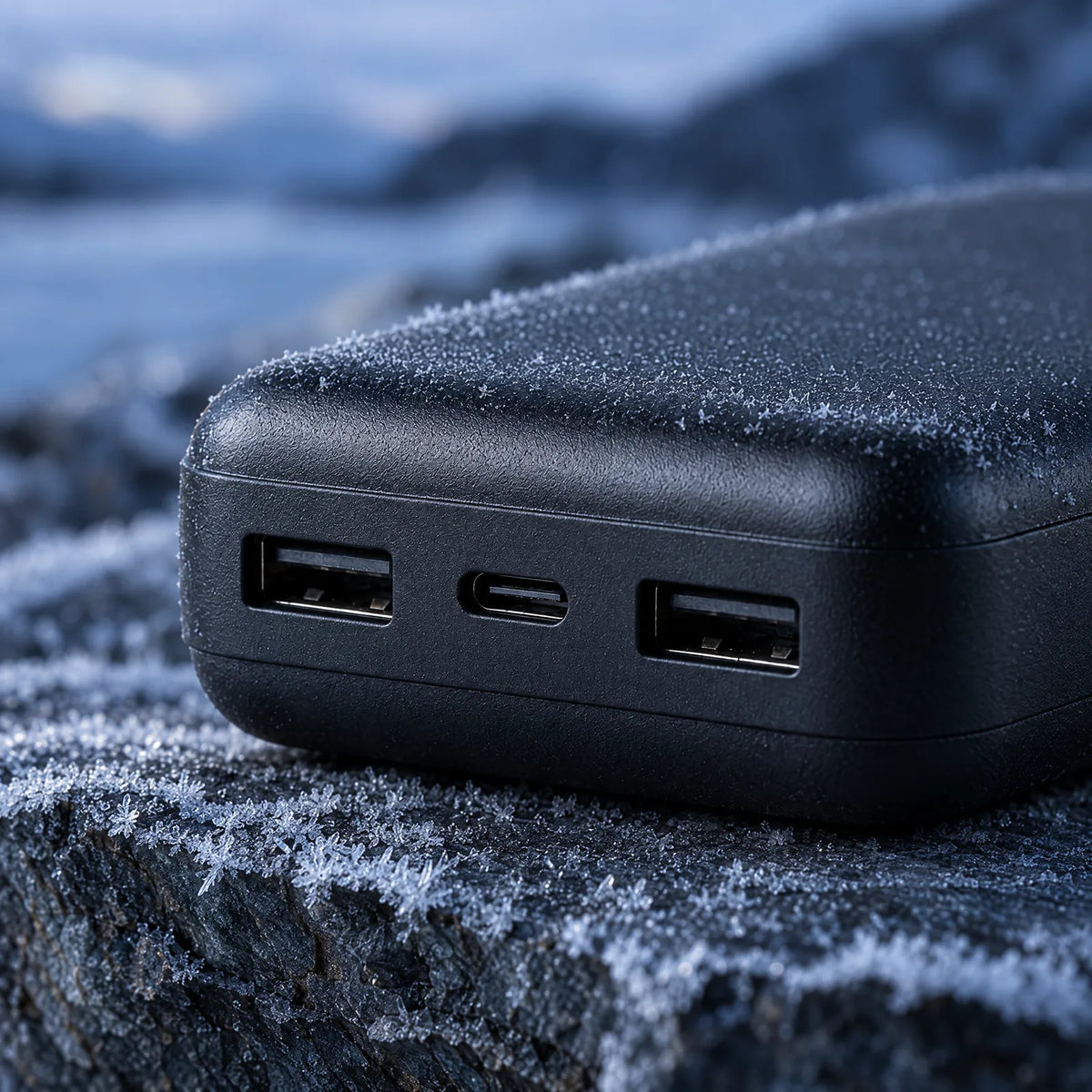 Anschlüsse der Powerbank 10.000 mAh: zwei USB-A und USB-C, auf bereiftem Schiefer