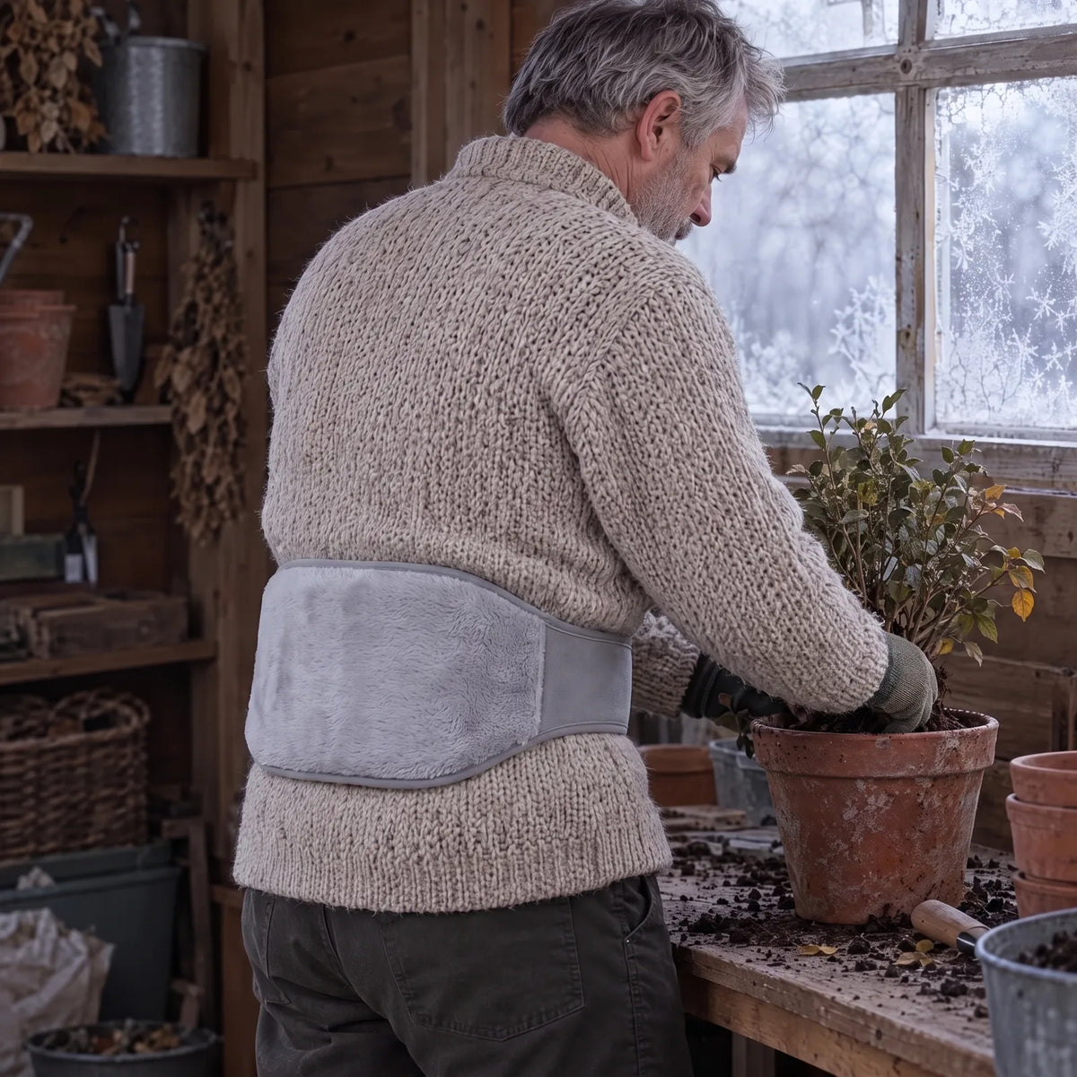 Mann im kalten Gartenhaus mit dem beheizten Bauchgurt am unteren Rücken über dem Pullover