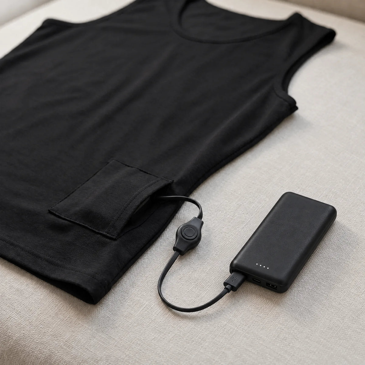 Tasche am Saum mit Kabel, Schalter und Powerbank