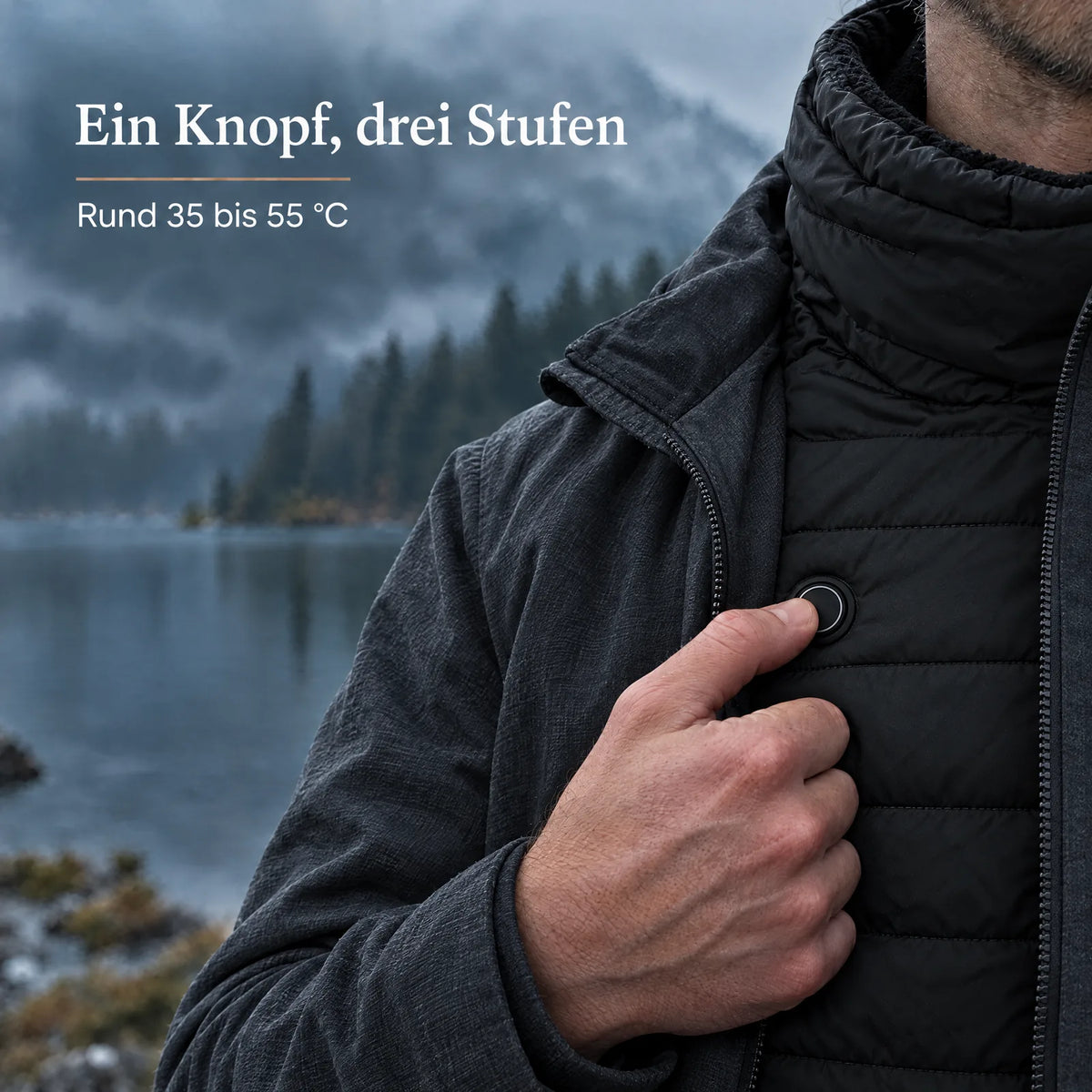 Daumen drückt den runden Knopf auf der Brust – drei Stufen, rund 35 bis 55 °C