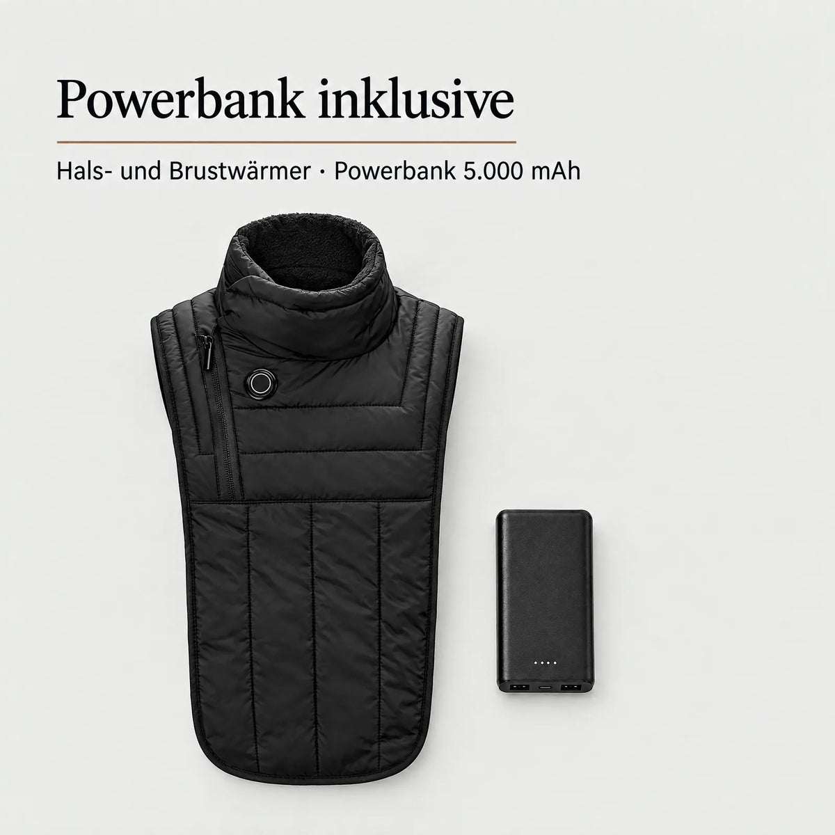 Lieferumfang: beheizter Hals- und Brustwärmer und Powerbank 5.000 mAh