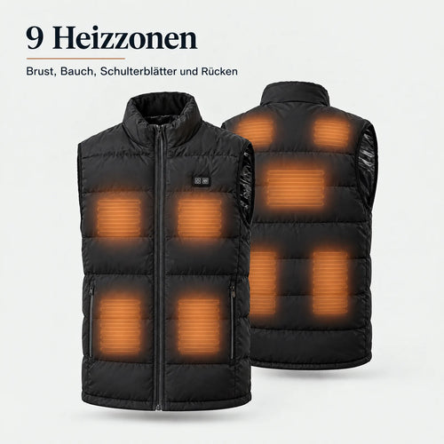 Heizweste von vorn und hinten mit den neun Heizzonen an Brust, Bauch, Schulterblättern und Rücken