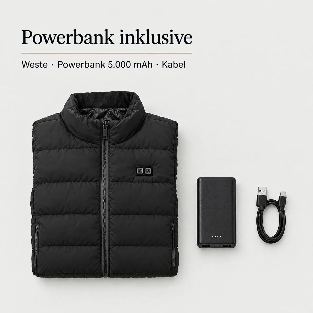 Lieferumfang: Heizweste, Powerbank mit 5.000 mAh und USB-Kabel