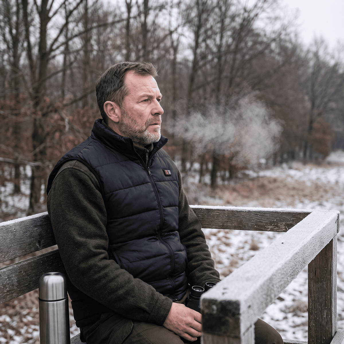 Mann sitzt bei Frost auf einer Bank im Wald und trägt die Heizweste über einem Fleece