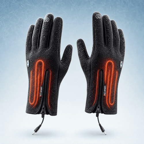 Beheizte Handschuhe als Paar, die Heizelemente auf dem Handrücken sind eingezeichnet